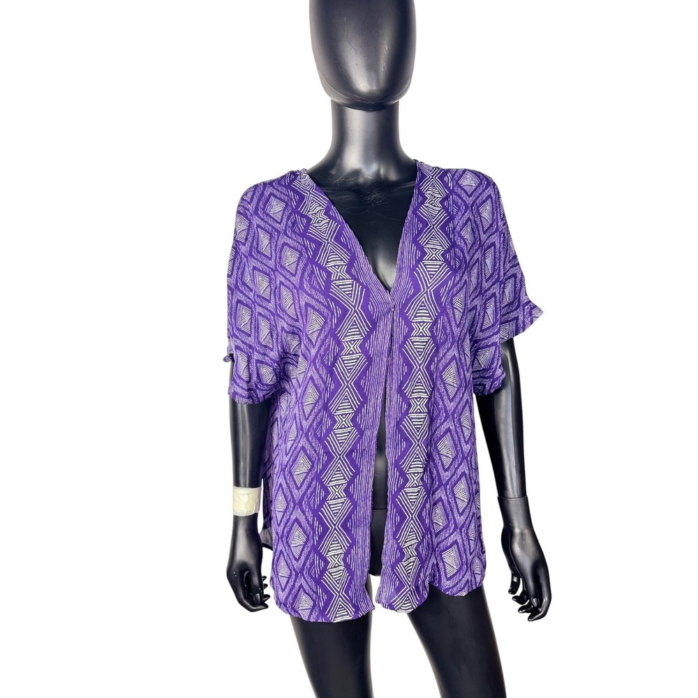 Liz CLAIBORNE Purple Diamond‎ Print Open Front Kimono Short Sleeve Top S/M